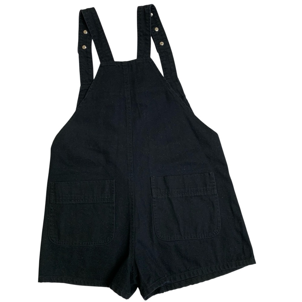 Black Denim Cotton Overalls Shorts Romper Adjustable Straps Sz M Patch Pockets - Picture 2 of 11
